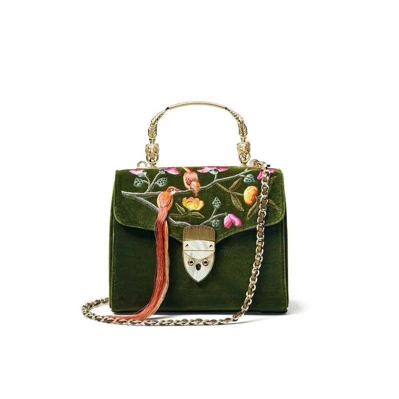 Aspinal of London Mayfair Midi Womens Green Leather Embroidered Velvet Bag