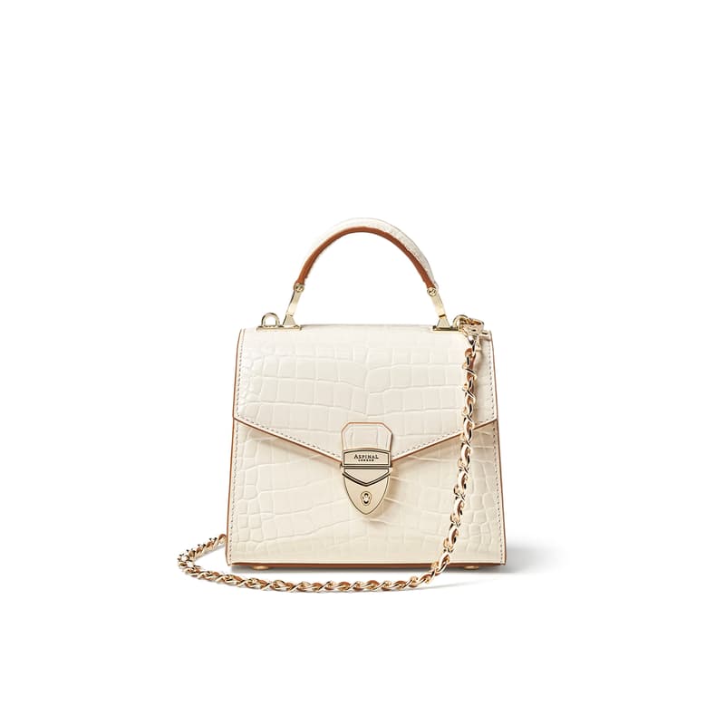 Aspinal of London Mayfair Mini 2 Ivory Patent Croc Bag