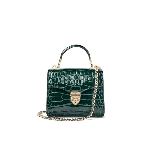 Aspinal of London Mayfair Mini Green Leather Crocodile Print Patent Bag