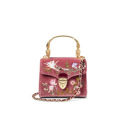 Aspinal of London Mayfair Mini Pink, White and Gold Leather Velvet English Garden Bird Hand Embroidered Bag