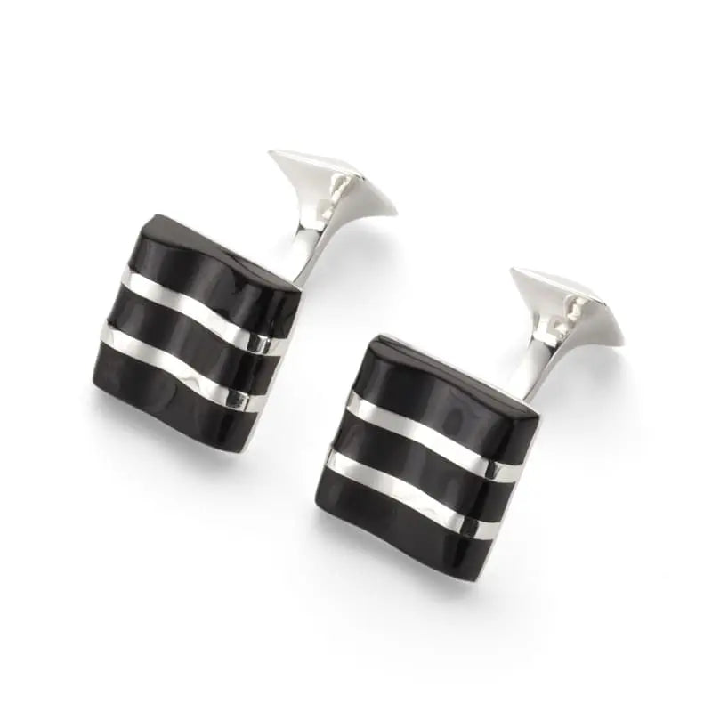 Aspinal of London Men's Black and Sterling Silver Wave Cufflinks