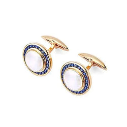 Aspinal of London Men's Blue Mother of Pearl 9ct Yellow Gold Round Cufflinks Gemset With Cluster Sapphire