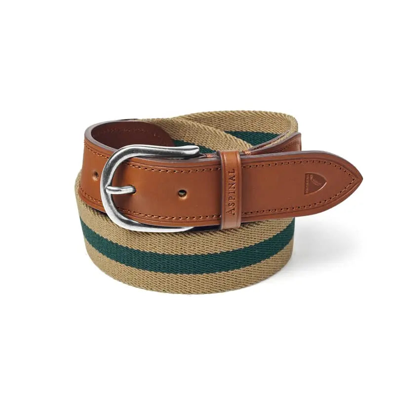 Aspinal of London Men's Brown and Green Leather Striped Webbing Belt