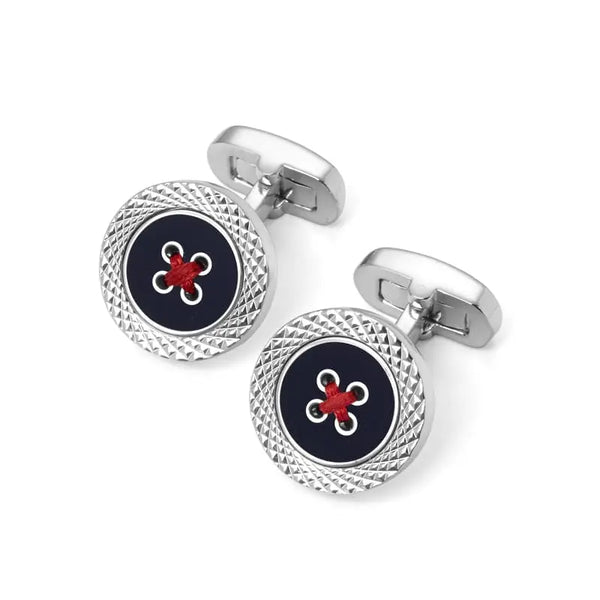 Aspinal of London Men's Navy Blue and Sterling Silver Plated Engraved Edge Button Cufflinks