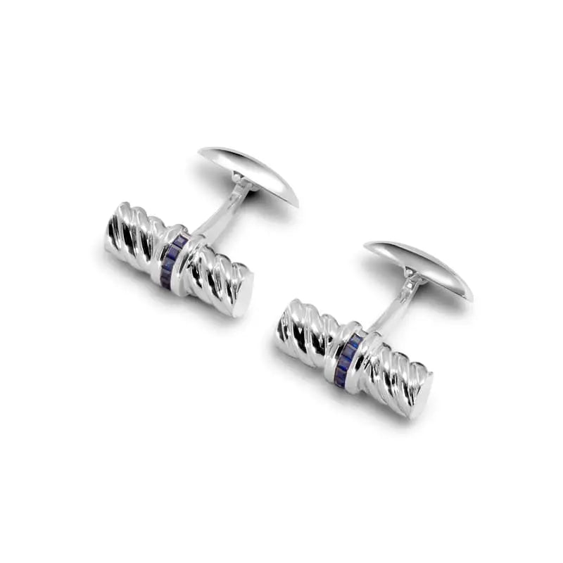 Aspinal of London Men's Sterling Silver and Blue Sapphires Gemset Double Barrel Twist Cufflinks