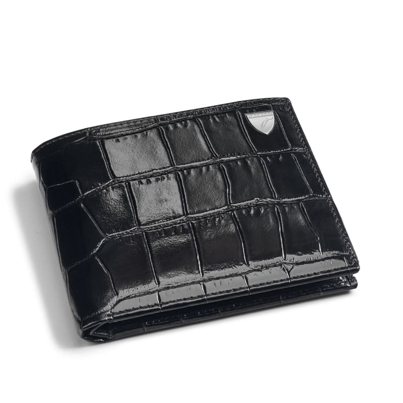 Aspinal of London Mens Black Crocodile Print 8 Card Billfold Leather Wallet