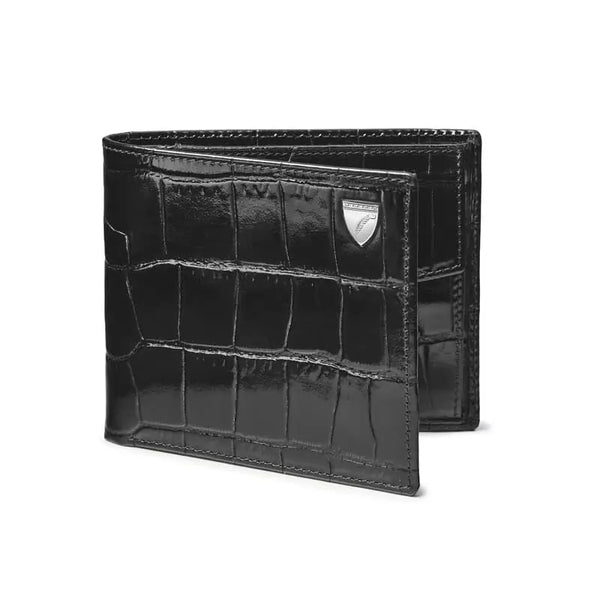 Aspinal of London Mens Black Crocodile Print Billfold Coin Leather Wallet