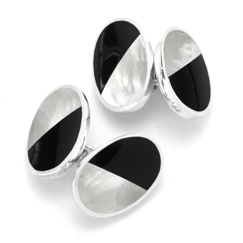 Aspinal of London Men's Black Onyx and Mother Pearl in Sterling Silver 925 Oval Bicolour Cufflinks