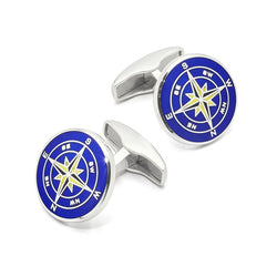 Aspinal of London Mens Blue Sterling Silver and Rose Printed Compass Cufflinks