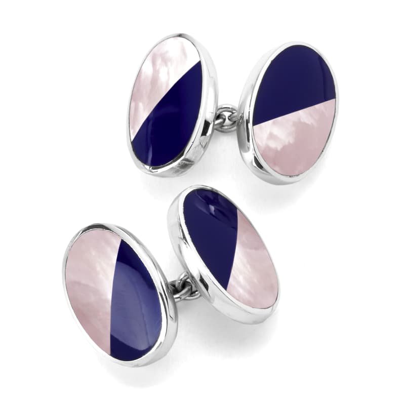 Aspinal of London Mens Blue, White and Sterling Silver Lapis Mother Pearl Oval Bicolour Cufflinks