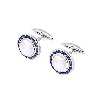 Aspinal of London Men's Blue and Silver Mother of Pearl Gold 9ct White Round Cufflinks Gemset With Cluster Sapphires