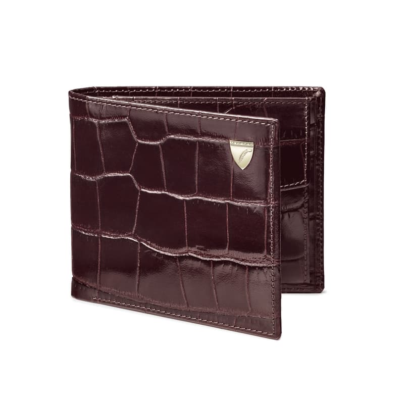 Aspinal of London Mens Brown Crocodile Print Billfold Coin Leather Wallet