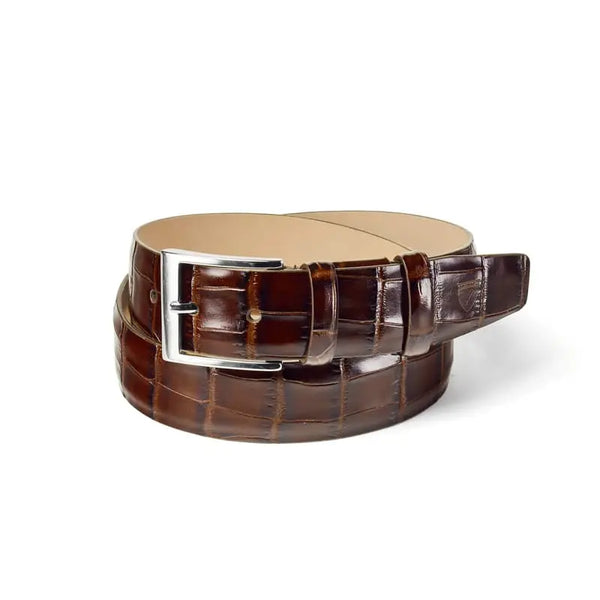 Aspinal of London Mens Brown Leather Full-Grain Crocodile Print Classic Belt