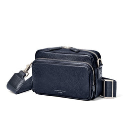 Aspinal of London Mens Navy Blue Leather Reporter East West Messenger Bag