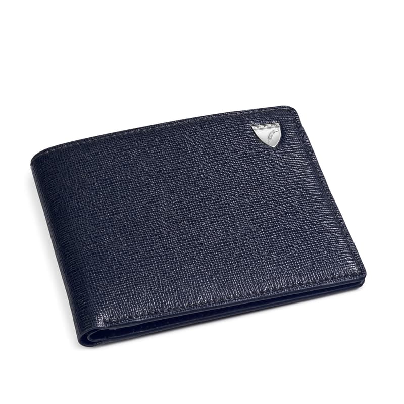 Aspinal of London Mens Navy Blue Saffiano Print 8 Card Billfold Leather Wallet