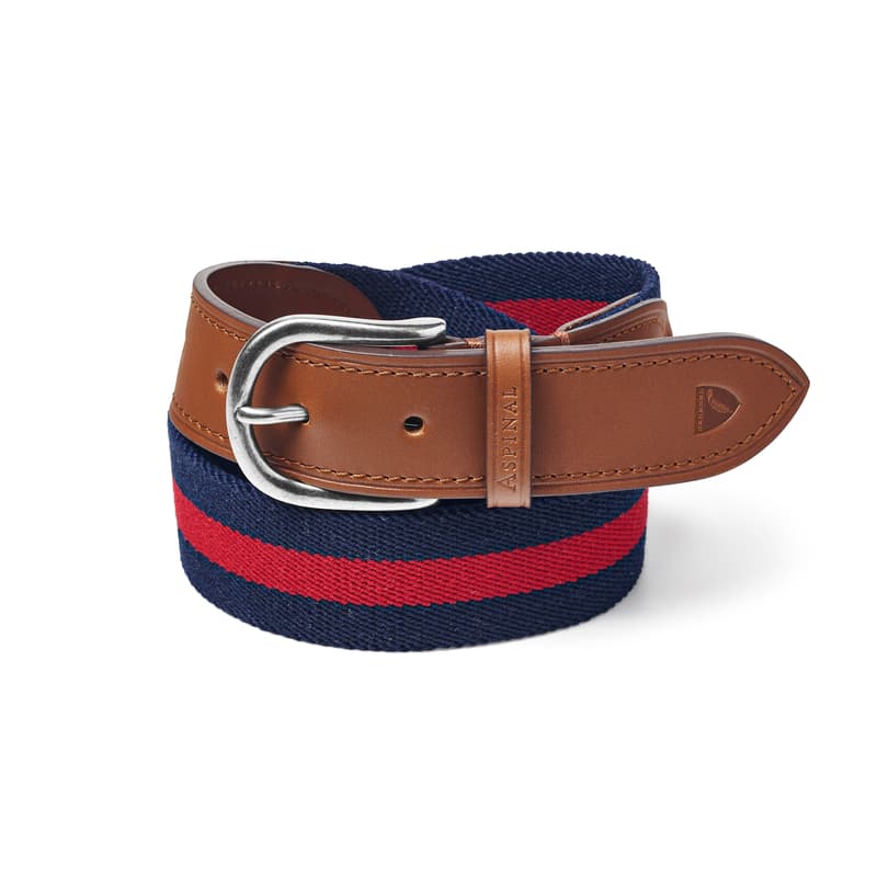 Aspinal of London Men's Navy Blue and Red Leather Striped Webbing Belt