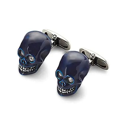 Aspinal of London Mens Navy Blue and Sterling Silver Enamel Skull Cufflinks