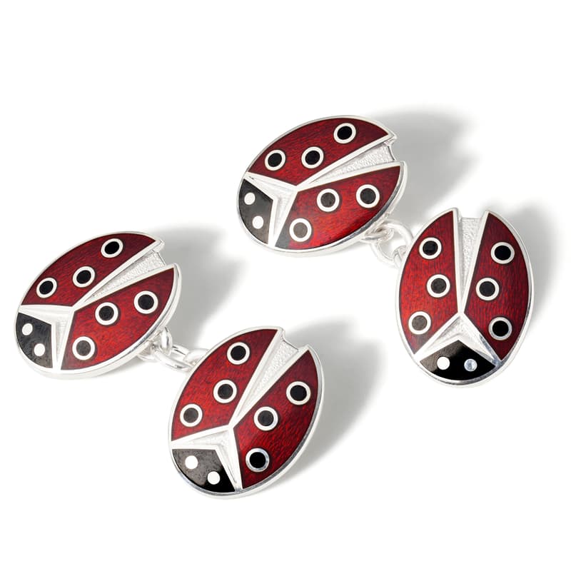 Aspinal of London Men's Red and Black Sterling Silver Ladybird Design Vitreous Enamel Cufflinks