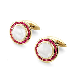 Aspinal of London Mens Red and Gold Pearl Mother 9ct Yellow Round Cufflinks Gemset With Cluster Rubies