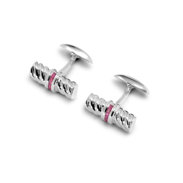 Aspinal of London Men's Red and Sterling Silver 925 with Ruby Gemset Double Barrel Twist Cufflinks Rubies Set