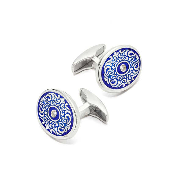 Aspinal of London Mens Sterling Silver Blue Engraved Classic Enamel & Diamond Cufflinks