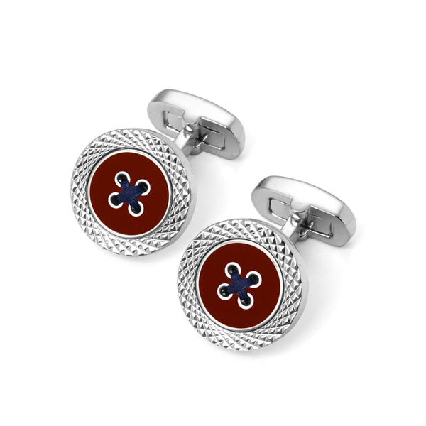 Aspinal of London Men's Sterling Silver Plated and Red Enamel Engraved Edge Button Cufflinks