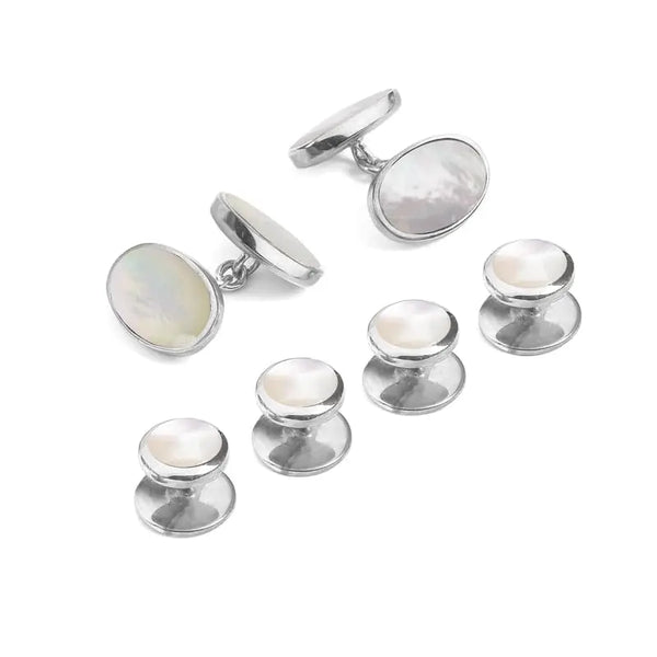 Aspinal of London Mens Sterling Silver & Mother Pearl Oval Cufflinks & Dress Shirt Studs Set