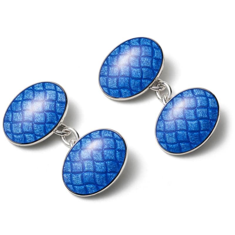 Aspinal of London Men's Sterling Silver and Blue Oval Cufflinks With Waves Enamel