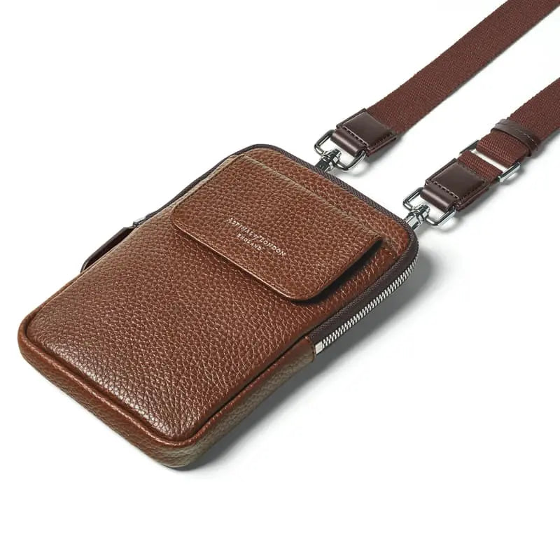 Aspinal of London Mens Tobacco Brown Reporter Leather Crossbody Phone Bag