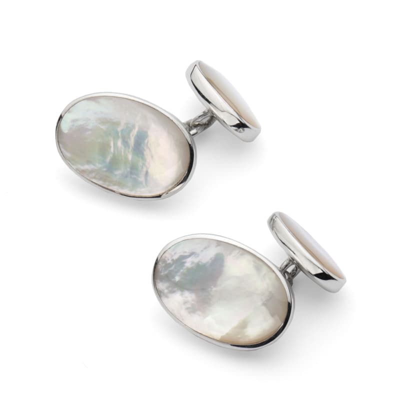 Aspinal of London Mens White Sterling Silver and Mother Pearl & Oval Cufflinks