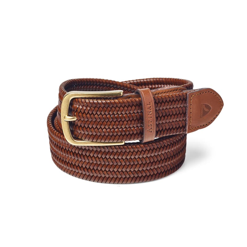 Aspinal of London Men's Woven Leather Belt in Tan