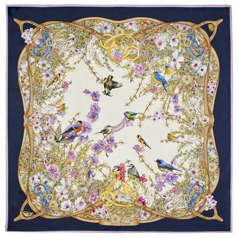 Aspinal of London Navy Blue Silk Edwardian Garden Scarf