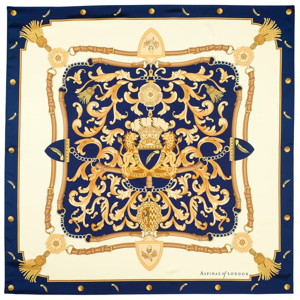 Aspinal of London Women's Navy Blue and Yellow Silk Signature Shield Scarf