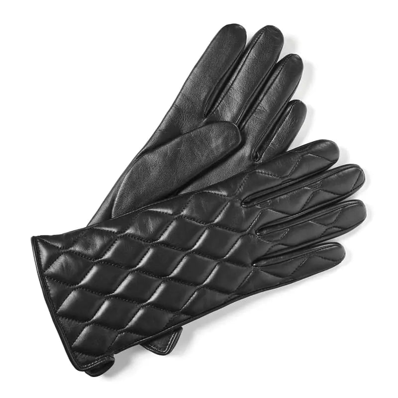 Aspinal of London Quilted Leather Gloves in Black Nappa