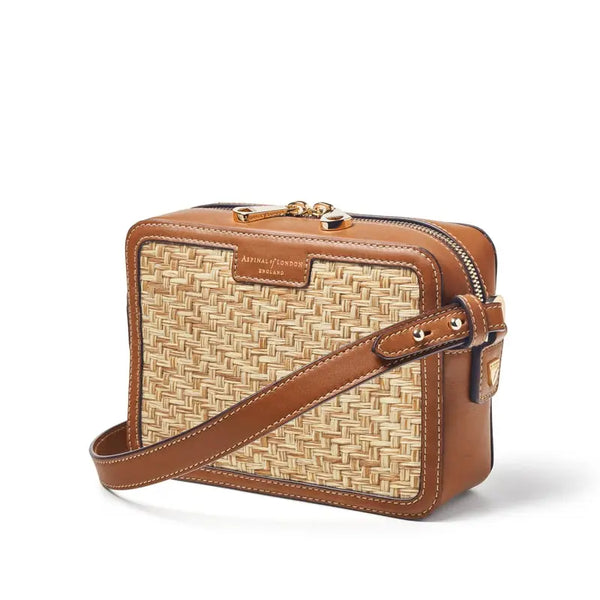 Aspinal of London Raffia Leather Crossbody Bag in Biscuit & Smooth Tan