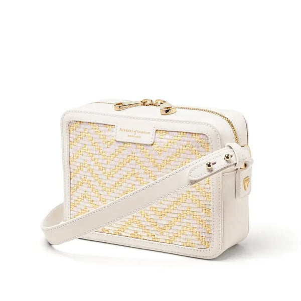 Aspinal of London Raffia Leather Embroidered Crossbody Bag in Smooth White