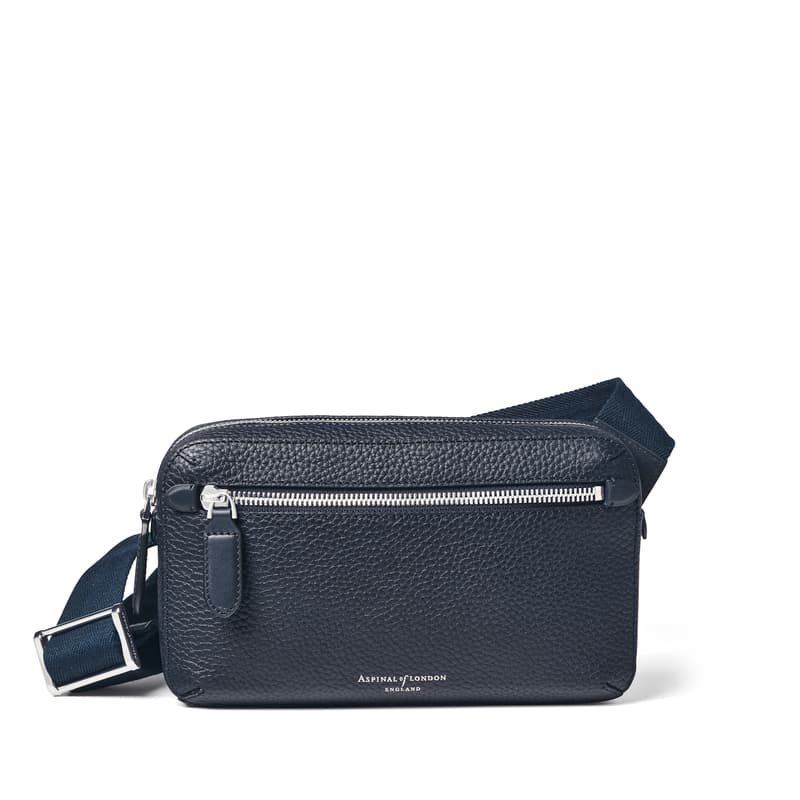 Aspinal of London Reporter Compact Leather Crossbody Bag in Navy, Neutral and Green Pebble