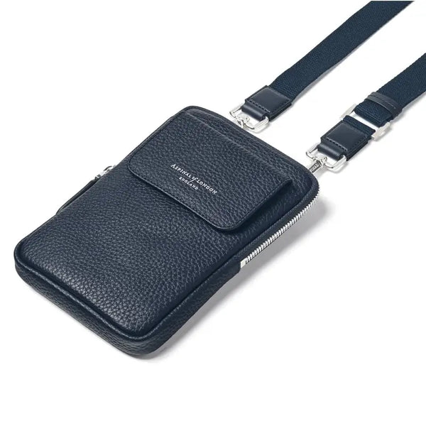 Aspinal of London Reporter Leather Crossbody Phone Bag in Navy Pebble