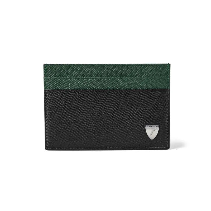 Aspinal of London Slim Credit Card Holder in Black & Green Saffiano