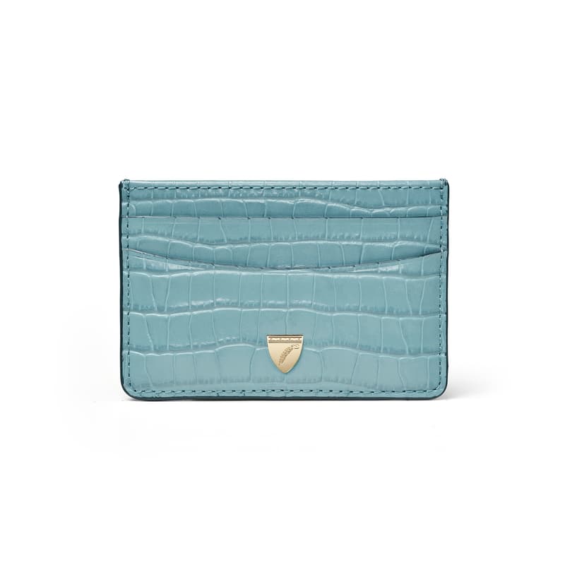 Aspinal of London Slim Credit Card Holder in Deep Shine Cornflower Blue Small Croc