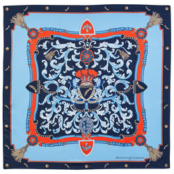 Aspinal of London Womens Navy Blue and Red Silk Orange Signature Shield Scarf