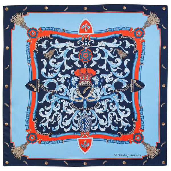 Aspinal of London Womens Navy Blue and Red Silk Orange Signature Shield Scarf