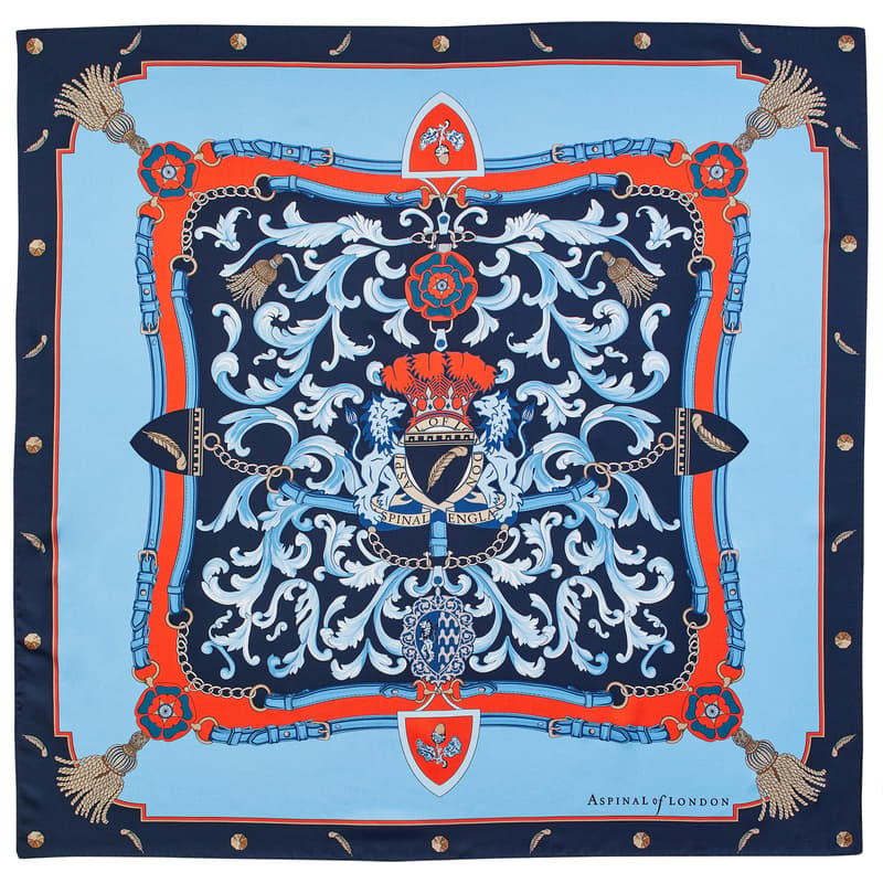 Aspinal of London Womens Navy Blue and Red Silk Orange Signature Shield Scarf