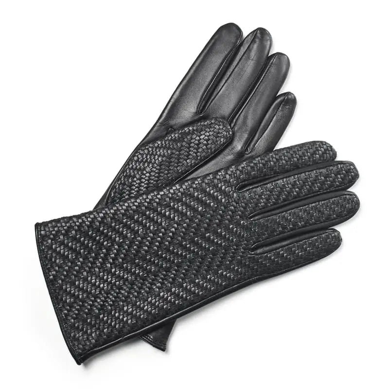 Aspinal of London Woven Leather Gloves in Black Nappa