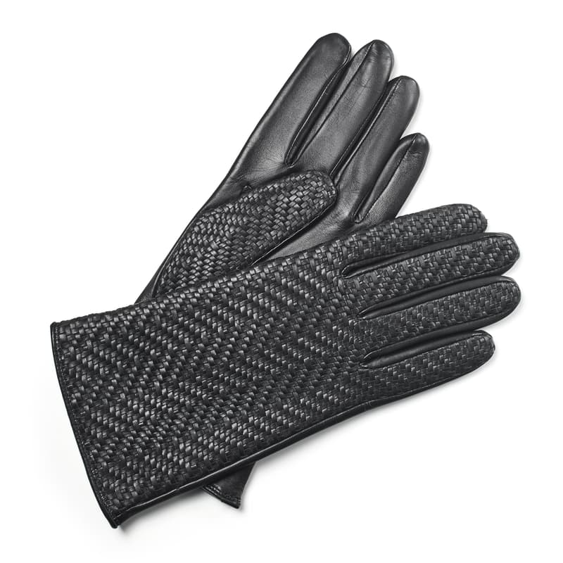 Aspinal of London Women's Woven Leather Gloves in Black Nappa