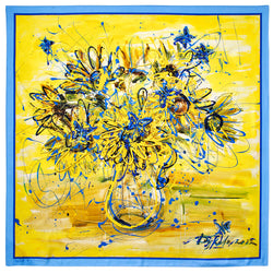 Aspinal of London Women's Yellow and Blue Silk Floral Print Sunflower & Butterflies Scarf