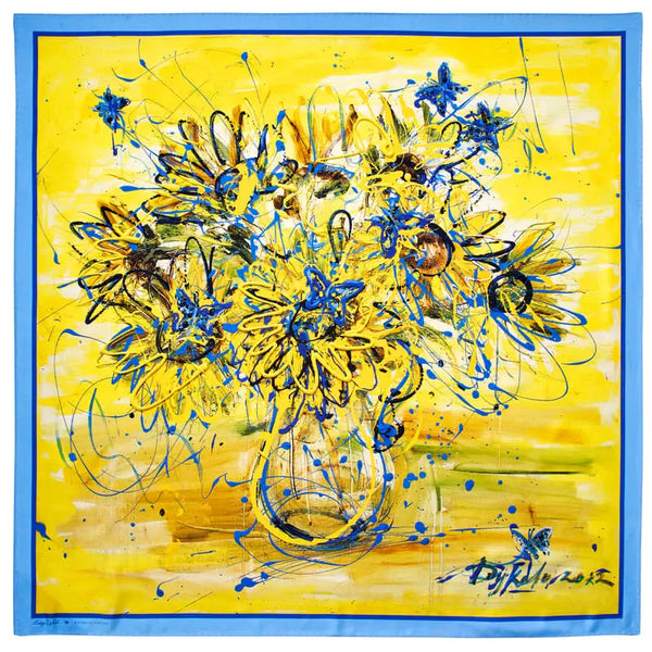 Aspinal of London Yellow and Blue Silk Floral Print Sunflower & Butterflies Scarf