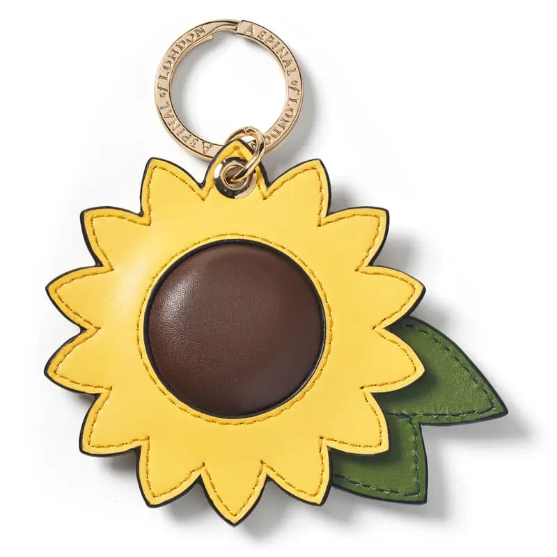 Aspinal of London Yellow and Brown Full Grain Leather Happy Sunflower Design Keyring