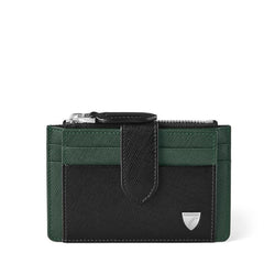 Aspinal of London Zipped Rfid Card Holder in Black & Green Saffiano