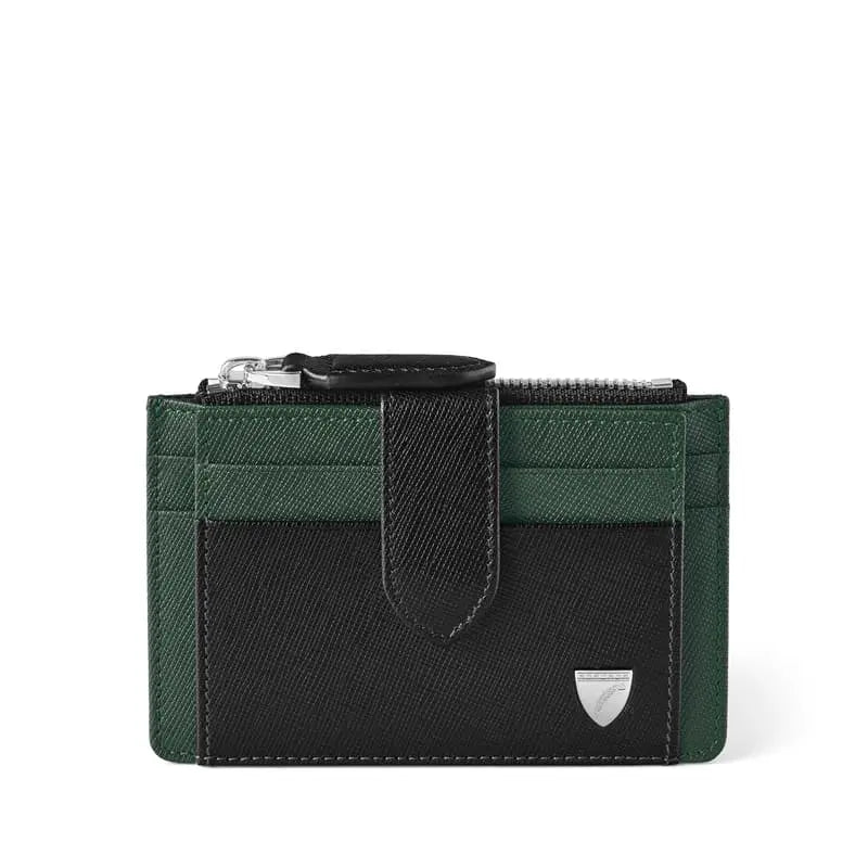 Aspinal of London Zipped Rfid Card Holder in Black & Green Saffiano